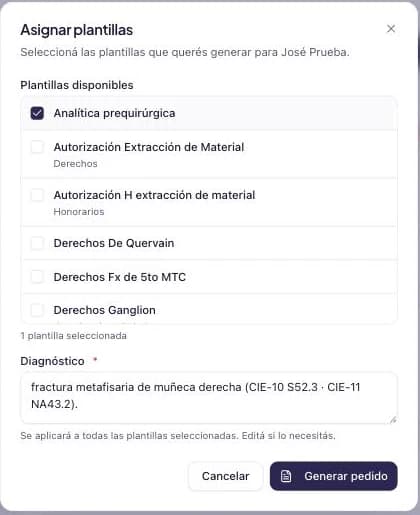 Diálogo de asignar plantillas con la lista de plantillas y sus casillas, y el campo de diagnóstico ya completado.
