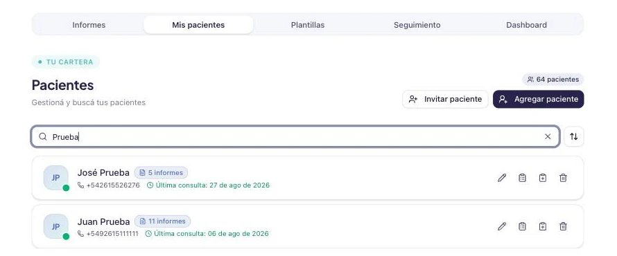 Listado de pacientes filtrado por una búsqueda, mostrando dos pacientes con su teléfono y su última consulta.