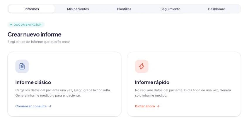 Pantalla principal de IMI Health con las tarjetas de Informe clásico e Informe rápido.