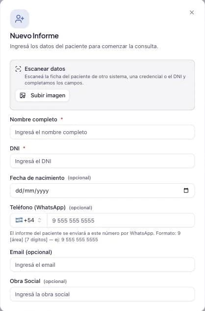 Formulario de nuevo informe con el botón de escanear datos y los campos de nombre, DNI, fecha de nacimiento, teléfono, email y obra social.