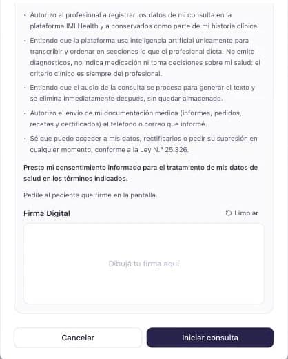 Bloque de consentimiento informado del formulario, con los cinco puntos que acepta el paciente y el recuadro para firmar.