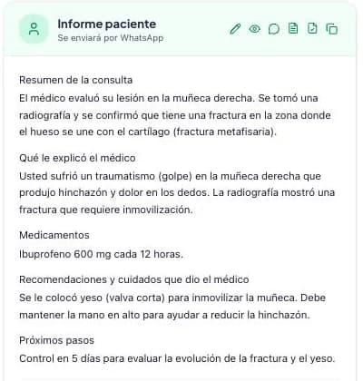 Tarjeta del informe para el paciente con las secciones de resumen, qué le explicó el médico, medicamentos, recomendaciones y próximos pasos.