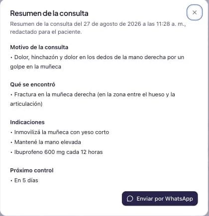 Diálogo del resumen de la consulta con motivo, qué se encontró, indicaciones y próximo control, y el botón de enviar por WhatsApp.