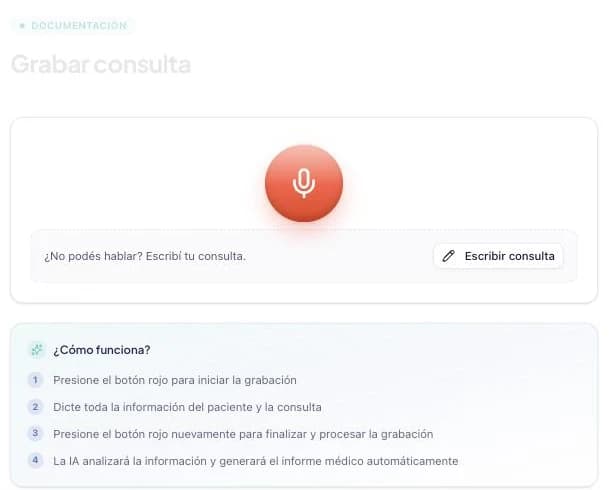 Pantalla del informe rápido con el botón rojo de grabación y los cuatro pasos de cómo funciona.
