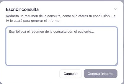 Diálogo para escribir la consulta a mano, con un cuadro de texto y el botón Generar informe.