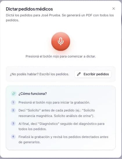 Diálogo de dictar pedidos médicos con el botón rojo y los cuatro pasos, incluido decir Solicito antes de cada pedido.