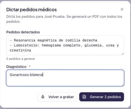 Pantalla de revisión con dos pedidos detectados en la lista, el diagnóstico cargado y el botón de generar 2 pedidos.