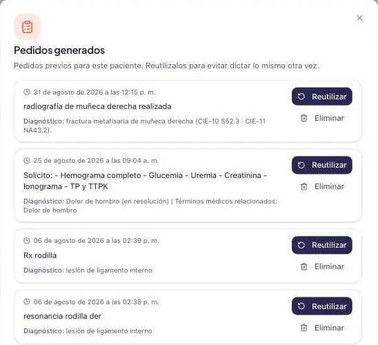 Lista de pedidos generados para el paciente, cada uno con fecha, diagnóstico y botón de reutilizar.