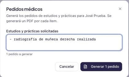 Diálogo de pedidos médicos con el estudio del informe ya cargado en la lista y el contador de pedidos a generar.
