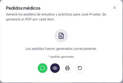Pantalla de pedidos generados con los botones de WhatsApp, ver online, imprimir y generar más.