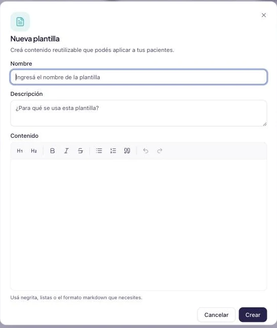 Diálogo de nueva plantilla con los campos de nombre, descripción y contenido, y la barra de formato del editor.