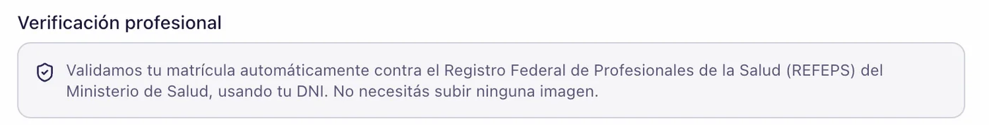 Aviso en el formulario que explica que IMI Health valida la matrícula automáticamente contra el Registro Federal de Profesionales de la Salud usando el DNI.