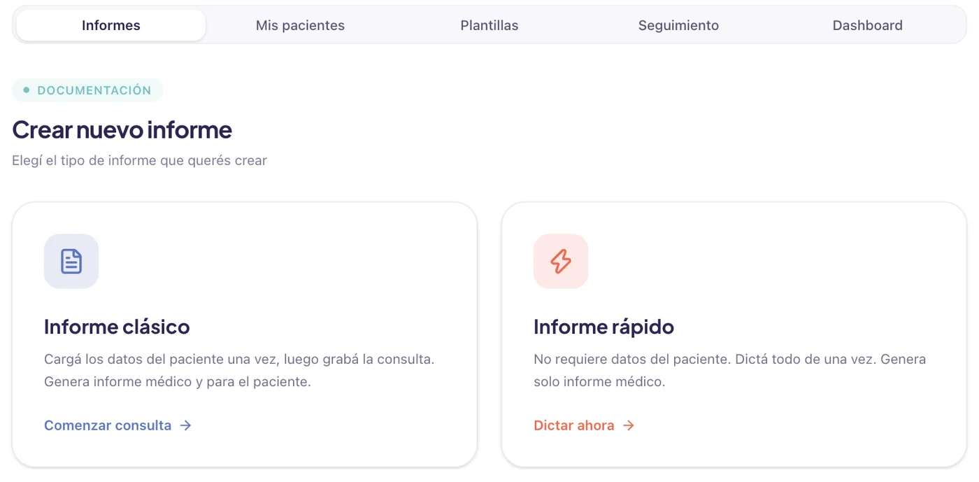 Pantalla principal de IMI Health con las pestañas Informes, Mis pacientes, Plantillas, Seguimiento y Dashboard, y las tarjetas de Informe clásico e Informe rápido.