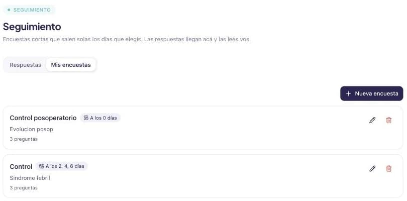 Solapa Mis encuestas con dos encuestas guardadas, cada una con los días a los que sale y su cantidad de preguntas.
