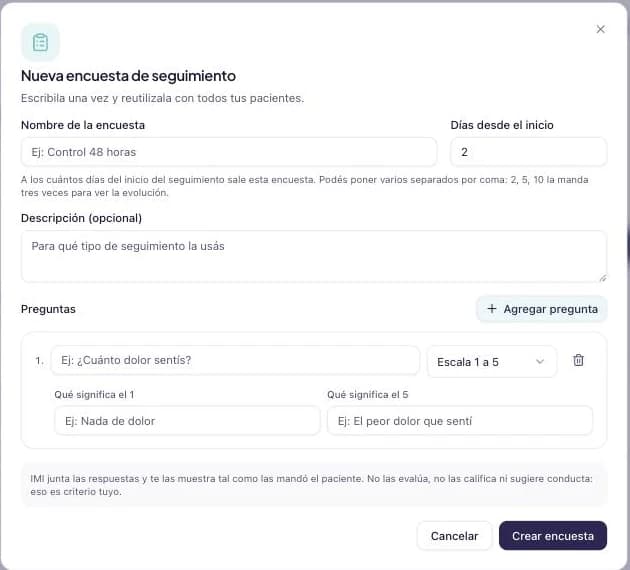 Diálogo de nueva encuesta con el nombre, los días desde el inicio, y una pregunta de escala 1 a 5 con sus dos extremos.