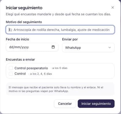 Diálogo de iniciar seguimiento con el motivo, la fecha de inicio, el canal de envío y las encuestas a enviar.